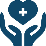 Medical care icon with heart and hands